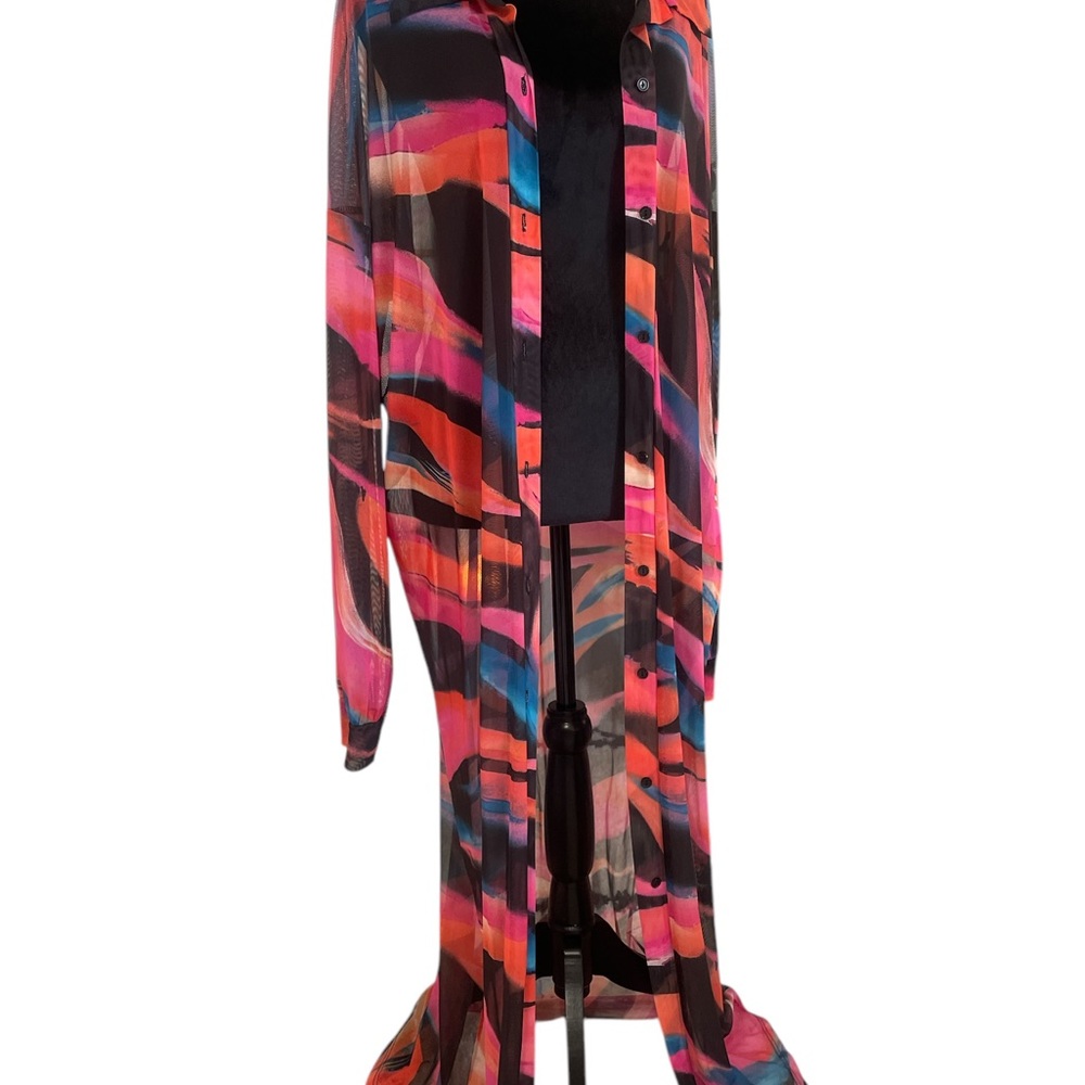 Multi colored Colorful Long Sheer Button-Up Shirt,Dress,Top,Bathing suit cover - Picture 8 of 10
